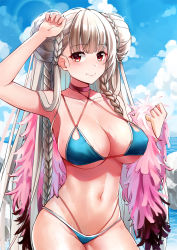 Rule 34 | 1girl, ahoge, alternate costume, arm up, armpits, azur lane, bikini, blonde hair, blue bikini, blush, braid, breasts, choker, cleavage, closed mouth, cloud, commentary, cowboy shot, day, double bun, feather boa, formidable (azur lane), formidable (the lady of the beach) (azur lane), hair bun, highres, large breasts, long hair, looking at viewer, navel, open mouth, outdoors, red eyes, revision, ribbon, sidelocks, smile, solo, standing, swimsuit, very long hair, wangqi