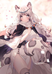 Rule 34 | 1girl, animal ear fluff, animal ears, arknights, artist name, bead necklace, beads, belt, black belt, black cape, blush, braid, breasts, cape, commentary, cowboy shot, dress, grey eyes, grey thighhighs, hand up, head chain, highres, jewelry, leopard ears, leopard tail, long hair, looking at viewer, medium breasts, necklace, parted lips, pelvic curtain, petals, pramanix (arknights), rosuuri, silver hair, solo, standing, tail, thighhighs, thighs, turtleneck, turtleneck dress, twin braids, watermark, web address, white dress, zettai ryouiki