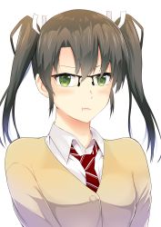 Rule 34 | 10s, 1girl, :t, absurdres, alternate costume, bespectacled, black-framed eyewear, blush, buttons, cardigan, commentary request, glasses, grey hair, hair ribbon, highres, kantai collection, long hair, long sleeves, looking at viewer, necktie, ohiya, pout, ribbon, school uniform, semi-rimless eyewear, simple background, solo, twintails, upper body, white background, white ribbon, zuikaku (kancolle)