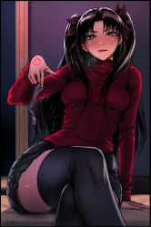 Rule 34 | 1girl, :d, black hair, black thighhighs, blue eyes, blush, breasts, command spell, condom, condom packet strip, condom wrapper, crossed legs, fate/stay night, fate (series), hair ribbon, half-closed eyes, highres, long hair, long sleeves, looking at viewer, open mouth, pleated skirt, ribbon, sgk, sitting, skirt, smile, solo, textless version, thighhighs, tohsaka rin, turtleneck, two side up