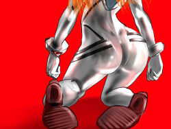 Rule 34 | 1girl, ass, ass focus, bodysuit, bravoida, brown hair, evangelion: 3.0+1.0 thrice upon a time, highres, kneeling, long hair, neon genesis evangelion, plugsuit, rebuild of evangelion, red background, shiny clothes, simple background, skin tight, solo, souryuu asuka langley, standing, thighs, turtleneck, white bodysuit