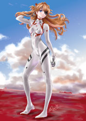 Rule 34 | 1girl, absurdres, artist request, blue eyes, blue sky, bodysuit, breasts, brown hair, cowboy shot, evangelion: 3.0+1.0 thrice upon a time, eyepatch, floating hair, full body, hair between eyes, hair ornament, hand in own hair, highres, interface headset, long hair, looking at viewer, neon genesis evangelion, plugsuit, rebuild of evangelion, shiny clothes, simple background, sky, solo, souryuu asuka langley, two side up, very long hair, white bodysuit, wide hips