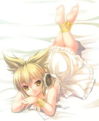 Rule 34 | 1girl, alternate costume, anklet, bare shoulders, barefoot, blonde hair, blush, bracelet, bracer, head rest, dress, earmuffs, feet, frilled dress, frills, jewelry, lace, leg up, light brown hair, looking at viewer, lying, on stomach, pointy hair, short hair, smile, solo, takatsukasa yue, the pose, touhou, toyosatomimi no miko, white dress, yellow eyes