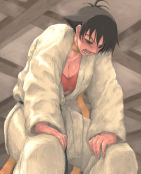Rule 34 | 1girl, bad id, bad pixiv id, black hair, bra, breasts, choker, cleavage, commentary request, dougi, exhausted, hands on thighs, heavy breathing, highres, makoto (street fighter), medium breasts, open mouth, red bra, red sports bra, ribbon choker, shio sakana, short hair, solo, sports bra, street fighter, sweat, tomboy, underwear