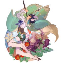 Rule 34 | 1boy, androgynous, animal ears, apple, black hair, blue hair, bottle, bow, braid, brooch, cape, commentary, corset, english commentary, feathers, flute, food, frilled sleeves, frills, from side, fruit, genshin impact, goat horns, goat tail, gradient hair, grapes, green shorts, highres, holding, holding instrument, hooves, horns, instrument, jewelry, leg tattoo, long sleeves, male focus, multicolored hair, pointy ears, rouwan, satyr, shirt, short hair with long locks, shorts, simple background, smile, solo, tail, tattoo, twin braids, vase, venti (genshin impact), vision (genshin impact), white background, white shirt, windmill, wine bottle