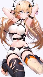 Rule 34 | 1girl, absurdres, arm strap, armlet, armpits, arms up, asymmetrical legwear, bare shoulders, blonde hair, blue eyes, breasts, crop top, hair ornament, halo, highres, kaneko lumi, kaneko lumi (3rd costume), large breasts, long hair, looking at viewer, midriff, mismatched legwear, multiple straps, navel, neonbeat, parted lips, phase connect, shirt, short shorts, shorts, sleeveless, sleeveless shirt, sleeveless turtleneck, solo, stomach, thigh strap, thighhighs, thighs, toeless legwear, toes, torn clothes, torn thighhighs, turtleneck, underboob, virtual youtuber, white shirt, white shorts