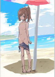 Rule 34 | 1girl, barefoot, beach, beach umbrella, blue one-piece swimsuit, blush, breasts, brown eyes, brown hair, caburi aki, clothes pull, cloud, exhibitionism, feet, female focus, full body, hair ornament, high ponytail, i-401 (kancolle), kantai collection, looking to the side, navel, nipples, ocean, one-piece swimsuit, one-piece swimsuit pull, outdoors, ponytail, public indecency, pussy, school swimsuit, shadow, sky, small breasts, smile, solo, standing, swimsuit, toes, umbrella, uncensored, water
