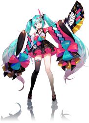 Rule 34 | 1girl, :d, absurdres, aqua eyes, aqua hair, asymmetrical footwear, black footwear, black skirt, black thighhighs, different reflection, folding fan, full body, fuzichoco, gradient hair, hair between eyes, hair ornament, hairclip, hand fan, hatsune miku, head tilt, highres, holding, holding fan, long hair, long sleeves, looking at viewer, magical mirai (vocaloid), magical mirai miku, magical mirai miku (2020 summer), mismatched footwear, multicolored hair, official art, open mouth, pink hair, platform footwear, pleated skirt, reflection, sidelocks, single thighhigh, skirt, sleeves past wrists, smile, solo, thighhighs, transparent background, twintails, very long hair, vocaloid, white footwear, wide sleeves, x hair ornament