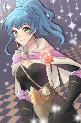 Rule 34 | 1girl, absurdres, antenna hair, blue hair, breasts, checkered floor, closed mouth, earrings, ericchika, fire emblem, fire emblem heroes, high ponytail, highres, jewelry, looking at viewer, medium breasts, nintendo, reginn (fire emblem), smile, solo, yellow eyes