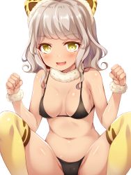 Rule 34 | 1girl, animal ears, bikini, black bikini, blush, breasts, cat ears, fang, fur trim, grey hair, highres, looking at viewer, medium breasts, navel, open mouth, pretty series, pripara, short hair, simple background, smile, solo, squatting, swimsuit, taiyo pepper, thighhighs, tiger rmn, white background, yellow eyes, yellow thighhighs