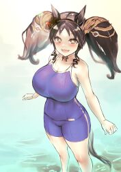 Rule 34 | 1girl, animal ears, blue one-piece swimsuit, breasts, brown hair, commentary request, competition school swimsuit, competition swimsuit, highres, horse ears, horse girl, large breasts, looking at viewer, marvelous sunday (umamusume), one-piece swimsuit, open mouth, school swimsuit, solo, sparkling eyes, swimsuit, tracen swimsuit, twintails, umamusume, yellow eyes, yuugatou (yuuzutu)