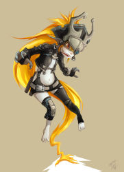 Rule 34 | 1girl, absurdly long hair, alternate costume, asymmetrical legwear, barefoot, belt, blonde hair, colored sclera, daltair, fang, full body, hat, highres, jacket, leather, leather jacket, long hair, midna, mismatched legwear, monocle, navel, nintendo, pirate hat, pointy ears, ponytail, prehensile hair, red eyes, signature, simple background, solo, the legend of zelda, the legend of zelda: twilight princess, very long hair, yellow sclera