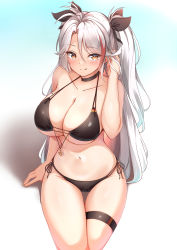 Rule 34 | 1girl, :q, absurdres, azur lane, bare arms, bare shoulders, bikini, black bikini, black choker, black ribbon, blush, breasts, brown eyes, choker, cleavage, closed mouth, collarbone, gradient background, groin, hair between eyes, hair ribbon, hand up, highres, large breasts, long hair, looking at viewer, moyoron, multicolored hair, navel, official alternate costume, parted bangs, prinz eugen (azur lane), prinz eugen (unfading smile) (azur lane), red hair, ribbon, side-tie bikini bottom, skindentation, smile, solo, streaked hair, swimsuit, thigh gap, thigh strap, tongue, tongue out, two side up, very long hair, water, white hair