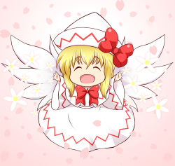 Rule 34 | 1girl, blonde hair, bow, chibi, dress, closed eyes, flower, hat, hat bow, lily white, long hair, mazume, open mouth, outstretched arms, petals, smile, solo, touhou, wide sleeves, wings