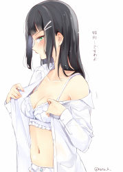 Rule 34 | 10s, 1girl, black hair, blunt bangs, blush, bra, collared shirt, frilled bra, frills, green eyes, hair ornament, kurosawa dia, lace, lace-trimmed bra, lace trim, long hair, love live!, love live! sunshine!!, midriff, natsu (natume0504), navel, open clothes, open mouth, open shirt, panties, shirt, simple background, solo, translated, twitter username, underwear, upper body, white background, white bra, white panties, white shirt