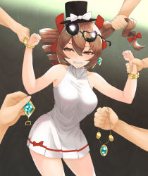 Rule 34 | 1girl, 5others, bangle, blush, bow, bracelet, breasts, broken eyewear, brown eyes, brown hair, clenched teeth, commentary request, cowboy shot, dress, drill hair, earrings, eyewear on head, grabbing another&#039;s hair, hair between eyes, hat, hat bow, highres, holding another&#039;s wrist, jewelry, ke-su, looking to the side, medium breasts, medium hair, multiple others, necklace, robbery, round eyewear, short dress, sleeveless, sleeveless dress, solo focus, sunglasses, teeth, top hat, touhou, twin drills, white bow, white dress, yorigami jo&#039;on