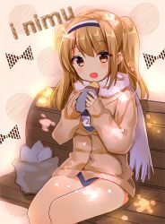 Rule 34 | 10s, 1girl, bad id, bad twitter id, baked potato, blush, brown eyes, character name, commentary request, eating, food, hairband, i-26 (kancolle), kantai collection, light brown hair, long hair, roasted sweet potato, scarf, school swimsuit, sitting, solo, sweater, sweet potato, swimsuit, swimsuit under clothes, two-tone hairband, two side up, yadapot, roasted sweet potato
