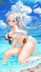 Rule 34 | 1girl, absurdres, azur lane, bare shoulders, beach, bikini, bird, black choker, blue butterfly, blue sky, blush, braid, breasts, bug, butterfly, butterfly hair ornament, choker, cleavage, cloud, commentary request, crown braid, day, dunkerque (azur lane), dunkerque (summer sucre) (azur lane), earrings, falling petals, front-tie bikini top, front-tie top, hair between eyes, hair lift, hair ornament, high ponytail, highres, insect, jewelry, large breasts, long hair, looking at viewer, nanam (nanam sk), ocean, petals, ponytail, purple bikini, purple eyes, sand, see-through, shore, sideboob, silver hair, sitting, sky, starfish, stomach, strap gap, swimsuit, thighs, water, wet