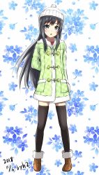 Rule 34 | 1girl, alternate costume, asashio (kancolle), beanie, black hair, black legwear, blue eyes, blush, brown footwear, coat, duffel coat, floral background, full body, graphite (medium), h2 (h20000000), hat, highres, jacket, kantai collection, long hair, long sleeves, looking at viewer, open mouth, shoes, solo, traditional media, white hat, winter clothes