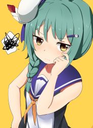 Rule 34 | 1girl, azur lane, beret, braid, dress, feathers, foote (azur lane), green hair, hair ornament, hair over shoulder, hairclip, hat, hat feather, highres, looking at viewer, multicolored clothes, multicolored dress, neckerchief, sailor collar, sailor dress, side braid, simple background, single braid, sleeveless, sleeveless dress, solo, speech bubble, spoken squiggle, squiggle, tonari (ichinichime azuma), two-tone dress, upper body, white hat, yellow background, yellow eyes, yellow neckerchief