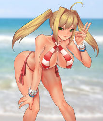 Rule 34 | 1girl, ahoge, ass, beach, bikini, bracelet, breasts, covered erect nipples, day, fate/grand order, fate (series), green eyes, hair intakes, halterneck, hanging breasts, jewelry, large breasts, leaning forward, nero claudius (fate), nero claudius (fate) (all), nero claudius (swimsuit caster) (fate), niur, side-tie bikini bottom, smile, solo, swimsuit, twintails