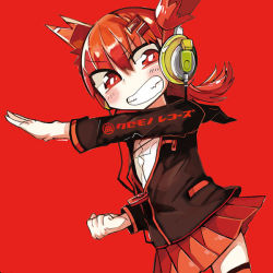 Rule 34 | 1girl, album cover, bad id, bad pixiv id, blush, clenched teeth, cover, hair ornament, headphones, original, pleated skirt, red eyes, red hair, red skirt, red theme, red thighhighs, short twintails, skirt, solo, teeth, terada tera, thighhighs, twintails, two side up, zettai ryouiki