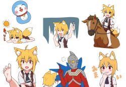 Rule 34 | 1boy, 1girl, ahoge, animal ear fluff, animal ears, asymmetrical hair, barefoot, black neckwear, blonde hair, bodysuit, breasts, brown skirt, brown vest, collared shirt, commentary request, cookie (touhou), crossover, doraemon, doraemon (character), fang, feet, fox ears, fox girl, fox tail, glowing, glowing eyes, headgear, helmet, highres, horse, horseback riding, looking at another, mask, medium hair, melting, miramikaru riran, multiple crossover, necktie, open mouth, red bodysuit, red eyes, riding, shirt, short sleeves, sidelocks, skirt, small breasts, soles, tail, ultraseven, ultraseven (series), upper body, vest, white background, white shirt, yan pai