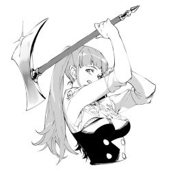 Rule 34 | 1girl, :q, axe, blunt bangs, fire emblem, fire emblem: three houses, garreg mach monastery uniform, glint, greyscale, hilda valentine goneril, holding, holding axe, krazehkai, monochrome, nintendo, short sleeves, simple background, sleeves rolled up, solo, tongue, tongue out, twintails, uniform, upper body, white background