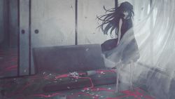 Rule 34 | 1girl, arms at sides, barefoot, black dress, curtains, doorway, dress, highres, limited palette, looking at viewer, muted color, namihaya, original, petals, sleeveless, sleeveless dress, sliding doors, solo, standing, wide shot, wind, window