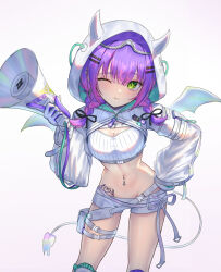 Rule 34 | 1girl, ;), ao ne, bandeau, belt, black ribbon, braid, breasts, buckle, cleavage, contrapposto, demon tail, demon wings, fake horns, fang, fang out, gloves, goggles, goggles on head, gradient hair, green eyes, hair ornament, hair ribbon, hairclip, hand on own hip, highres, hip tattoo, holding, holding megaphone, hololive, hood, hood up, hooded shrug, horned headwear, horns, index finger raised, knee pads, long hair, long sleeves, looking at viewer, medium breasts, megaphone, melting tail, midriff, multicolored hair, navel, navel piercing, official alternate costume, one eye closed, piercing, pink hair, pouch, purple hair, ribbed bandeau, ribbon, see-through, see-through sleeves, short shorts, shorts, simple background, smile, snap-fit buckle, solo, spike piercing, stomach, tail, thigh belt, thigh pouch, thigh strap, tokoyami towa, tokoyami towa (5th costume), twin braids, two-sided gloves, virtual youtuber, white background, white bandeau, white belt, white gloves, white ribbon, white shorts, white shrug, white tail, winged heart tattoo, wings
