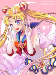 Rule 34 | 1990s (style), 1girl, bad id, bad pixiv id, bishoujo senshi sailor moon, bishoujo senshi sailor moon supers, blonde hair, blue eyes, blue sailor collar, bow, brooch, choker, double bun, double v, elbow gloves, gloves, hair ornament, hairpin, heart, heart brooch, jewelry, long hair, magical girl, multicolored clothes, multicolored skirt, red bow, retro artstyle, ribbon, sailor collar, sailor moon, shainea, skirt, smile, solo, star-shaped pupils, star (symbol), super sailor moon, symbol-shaped pupils, tiara, tsukino usagi, twintails, v, white gloves