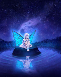 Rule 34 | 1girl, absurdres, aisuman, armlet, artist name, blue dress, blue eyes, blue nails, blue wings, butterfly wings, closed mouth, dress, fairy, fairy wings, feet, female focus, grass, highres, hugging own legs, insect wings, knees up, long hair, looking up, nail polish, night, night sky, original, outdoors, reflection, ripples, sidelocks, sitting, sky, solo, spaghetti strap, star (sky), starry sky, thighs, toeless footwear, toenail polish, toenails, toes, very long hair, water, white hair, wings