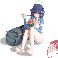 Rule 34 | 1girl, absurdres, aqua eyes, doodle sensei (blue archive), bare legs, barefoot, bikini, bikini bottom only, blue archive, blue bikini, blue headwear, breasts, collarbone, commentary, feet, food, food on face, fruit, full body, halo, hands up, highres, holding, jacket, large breasts, legs, looking at another, medium hair, official alternate costume, open clothes, open jacket, open mouth, purple hair, saki (blue archive), saki (swimsuit) (blue archive), sensei (blue archive), shadow, shiny skin, simple background, sitting, soles, solo focus, swimsuit, symbol-only commentary, toes, unzipped, watermelon, white background, youik16
