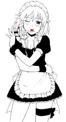 Rule 34 | 1girl, :p, ;p, blush, bow, braid, female focus, greyscale, hair bow, izayoi sakuya, jas (littlecrime), knife, licking, maid, maid headdress, monochrome, one eye closed, red eyes, smile, solo, spot color, thigh strap, throwing knife, tongue, tongue out, touhou, twin braids, weapon, wrist cuffs