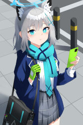 Rule 34 | 1girl, absurdres, animal ear fluff, animal ears, bag, blue archive, blue necktie, blue scarf, cellphone, collared shirt, commentary request, cross hair ornament, crosswalk, gloves, green gloves, hair between eyes, hair ornament, halo, highres, holding, holding phone, kaminose (user veum4325), long sleeves, looking at viewer, medium hair, mismatched pupils, necktie, outdoors, parted lips, phone, plaid, plaid skirt, pleated skirt, scarf, school bag, school uniform, shiroko (blue archive), shirt, shoulder bag, sidelocks, skirt, smartphone, solo, stone walkway, two-tone gloves, wolf ears, wolf girl