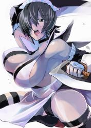 Rule 34 | 1girl, arm up, armpit crease, armpit peek, armpits, arms up, bare shoulders, black hair, black leotard, black thighhighs, blade, blue eyes, bouncing breasts, breasts, butterfly swords, cleavage, covered erect nipples, detached sleeves, flipped hair, futabamidori, hair over one eye, highres, iroha (samurai spirits), large breasts, leotard, leotard under clothes, maid, maid headdress, open mouth, pelvic curtain, red footwear, samurai spirits, shaded face, sideboob, skindentation, smile, snk, solo, sweat, sweatdrop, thick thighs, thighhighs, thighs, toeless legwear, wide hips