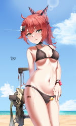 Rule 34 | 1girl, absurdres, ahoge, arm behind back, barcode, barcode tattoo, bare shoulders, beach, bikini, black bikini, black choker, breasts, candy, choker, clothes pull, collarbone, cowboy shot, day, di le to, dog tags, earphones, food, girls&#039; frontline, gun, h&amp;k mp7, hair ornament, hair ribbon, highres, holding, leg tattoo, lollipop, long hair, looking at viewer, medium breasts, mp7 (girls&#039; frontline), mp7 (lollipop ammo) (girls&#039; frontline), multi-strapped bikini, navel, open mouth, outdoors, ponytail, pulling own clothes, red hair, ribbon, smile, solo, standing, stomach, string bikini, submachine gun, swimsuit, tattoo, thighs, weapon, wet, yellow eyes