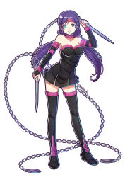 Rule 34 | 1girl, bare shoulders, black footwear, black thighhighs, boots, chain, collar, cosplay, detached sleeves, dress, dual wielding, fate/grand order, fate/stay night, fate (series), full body, green eyes, holding, kelinch1, long hair, looking at viewer, love live!, love live! school idol project, low twintails, medusa (fate), medusa (rider) (fate), medusa (rider) (fate) (cosplay), nameless dagger (fate), purple hair, short dress, simple background, smile, solo, standing, strapless, strapless dress, thigh boots, thighhighs, tojo nozomi, twintails, twitter username, weapon, white background, zettai ryouiki