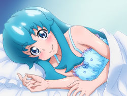 Rule 34 | 10s, 1girl, bare shoulders, bed, blanket, blue eyes, blue hair, happinesscharge precure!, long hair, looking at viewer, lying, mameshiba (pixiv 59310), matching hair/eyes, on side, precure, shirayuki hime, smile, solo