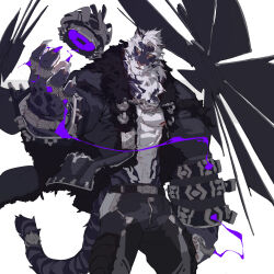 Rule 34 | 1boy, abs, alternate design, alternate fur color, arknights, bara, blue fur, dark persona, feet out of frame, floating, floating object, furry, furry male, highres, large pectorals, looking at viewer, male focus, mountain (arknights), muscular, muscular male, nipples, pants, pectorals, short hair, solo, tail, tail ornament, tail ring, thick eyebrows, tiger boy, tiger stripes, tiger tail, white fur, white hair, wincalblanke