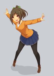 Rule 34 | 10s, 1girl, absurdres, adapted costume, alternate costume, black pantyhose, blue skirt, brown eyes, brown hair, cardigan, hakuhou (ende der welt), highres, i-401 (kancolle), kantai collection, leaning forward, open mouth, orange sweater, outstretched arms, pantyhose, pleated skirt, ponytail, short hair, skirt, solo, standing, striped clothes, striped sweater, sweater