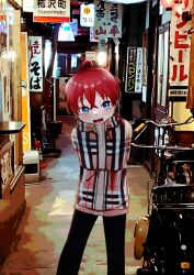 Rule 34 | 1boy, absurdres, ahoge, alley, arakawamuu, arms behind back, bad id, bad twitter id, bicycle, black pants, blue eyes, blush, child, crossed bangs, fang, highres, jacket, looking at viewer, male focus, night, open mouth, original, pants, photo background, plaid, plaid jacket, red hair, sign, solo, standing