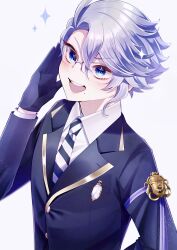 Rule 34 | 1boy, azul ashengrotto, blazer, blue eyes, brooch, collared shirt, gem, glasses, hand up, highres, jacket, jewelry, looking at viewer, male focus, mole, mole under mouth, necktie, open mouth, parted bangs, purple eyes, roro 0818, shirt, short hair, smile, striped necktie, twisted wonderland, white-framed eyewear