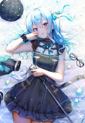 Rule 34 | 1girl, absurdres, black dress, blue eyes, blue hair, collared dress, dress, earrings, hair between eyes, highres, hololive, hoshimachi suisei, hoshimachi suisei (streetwear), ijac ray, jewelry, looking at viewer, lying, medium hair, microphone, nail polish, on back, open mouth, orange nails, pantyhose, short sleeves, solo, virtual youtuber