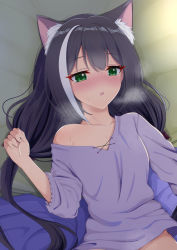 Rule 34 | 1girl, :o, animal ear fluff, animal ears, bed sheet, black hair, blush, cat ears, cat girl, collarbone, green eyes, highres, karyl (princess connect!), long hair, long sleeves, low twintails, lying, multicolored hair, nose blush, off shoulder, on back, on bed, pajamas, parted lips, princess connect!, single bare shoulder, solo, streaked hair, syurimp, twintails, upper body, very long hair, white hair