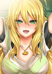 Rule 34 | 1girl, bad id, bad pixiv id, blonde hair, breasts, collarbone, green eyes, hoshii miki, idolmaster, idolmaster (classic), inu (marukome), jewelry, long hair, necklace, open mouth, pendant, shirt, short sleeves, smile, solo, upper body