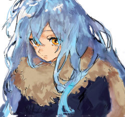 Rule 34 | 1other, androgynous, artist request, bad id, bad pixiv id, black coat, blue hair, closed mouth, coat, eyes visible through hair, hair between eyes, highres, rimuru tempest, simple background, solo, tensei shitara slime datta ken, white background, yellow eyes