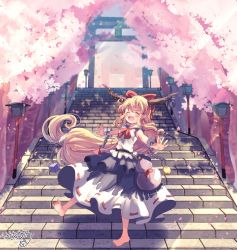 Rule 34 | 1girl, :d, barefoot, bow, cherry blossoms, closed mouth, cube, cuffs, facing viewer, full body, gourd, gradient sky, hair bow, highres, horns, ibuki suika, kemo chiharu, light rays, long hair, low-tied long hair, open mouth, orange hair, orb, outdoors, pointy ears, purple skirt, pyramid (structure), red bow, ribbon-trimmed skirt, ribbon trim, shackles, shirt, signature, skirt, sky, smile, solo, stairs, standing, standing on one leg, torii, torn clothes, torn sleeves, touhou, very long hair, white shirt, wrist cuffs