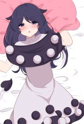 Rule 34 | 1girl, animal ears, arms up, bad id, bad pixiv id, bed sheet, black capelet, blue eyes, blue hair, blush, capelet, commentary, cowboy shot, doremy sweet, dress, highres, long hair, looking at viewer, lying, no headwear, on back, parted lips, pillow, pom pom (clothes), solo, tail, tapir ears, tapir tail, touhou, white dress, yukome