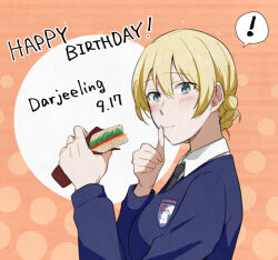 Rule 34 | !, 1girl, birthday, black necktie, blonde hair, blue eyes, blue sweater, blush, braid, character name, closed mouth, commentary, darjeeling (girls und panzer), dated, dress shirt, emblem, english text, finger to mouth, food, from side, girls und panzer, happy birthday, holding, holding food, long sleeves, looking at viewer, necktie, sandwich, school uniform, shirt, short hair, smile, solo, spoken exclamation mark, st. gloriana&#039;s (emblem), st. gloriana&#039;s school uniform, sweater, v-neck, white shirt, wing collar, yuuhi (arcadia)